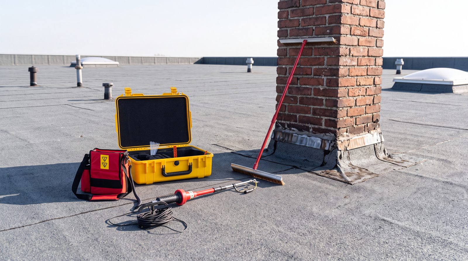 Badanie szczelności dachu płaskiego metodą elektrooporową — sonda pomiarowa i walizka aparatury na pokryciu dachu